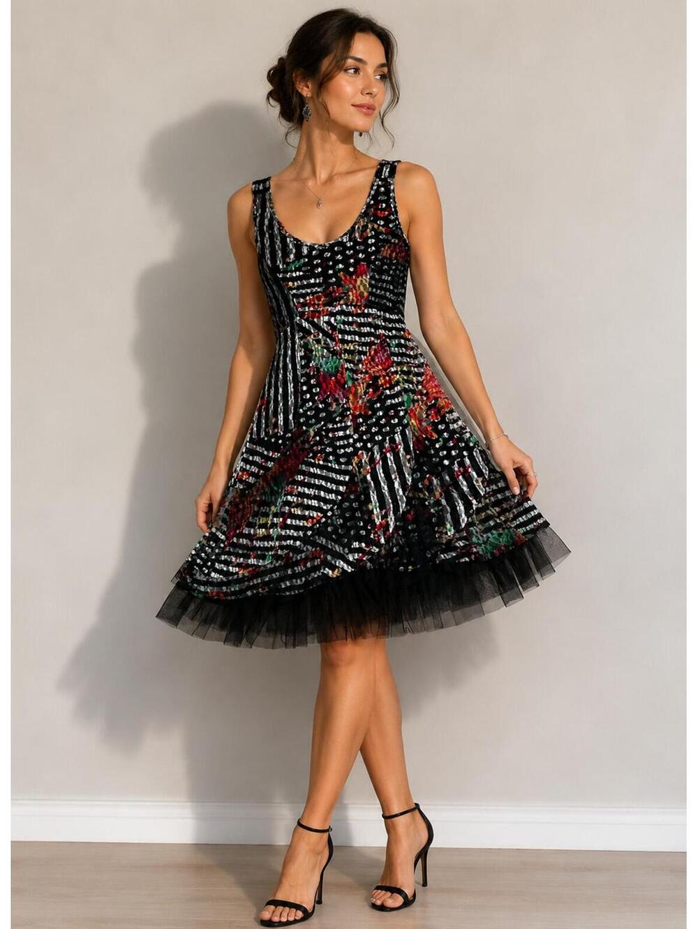 Tango Mango Vintage Black Multicolor Floral Striped Tulle Hem Dress Size S - Picture 1 of 7